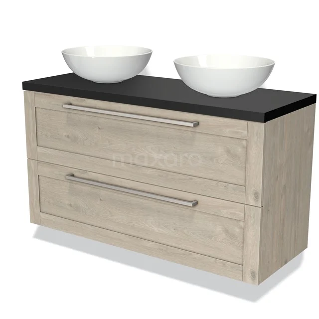 Houten badkamermeubel met twee lades, zwart blad en dubbele witte waskommen voor een stijlvolle en praktische badkamersetup.