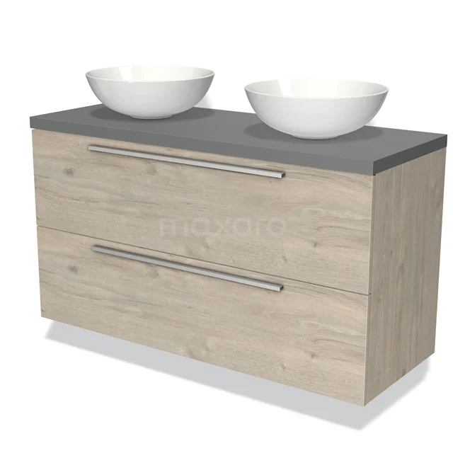 Badezimmermöbel Holzoptik mit doppelten Aufsatzwaschbecken, graue Platte und modernen Designgriffen.