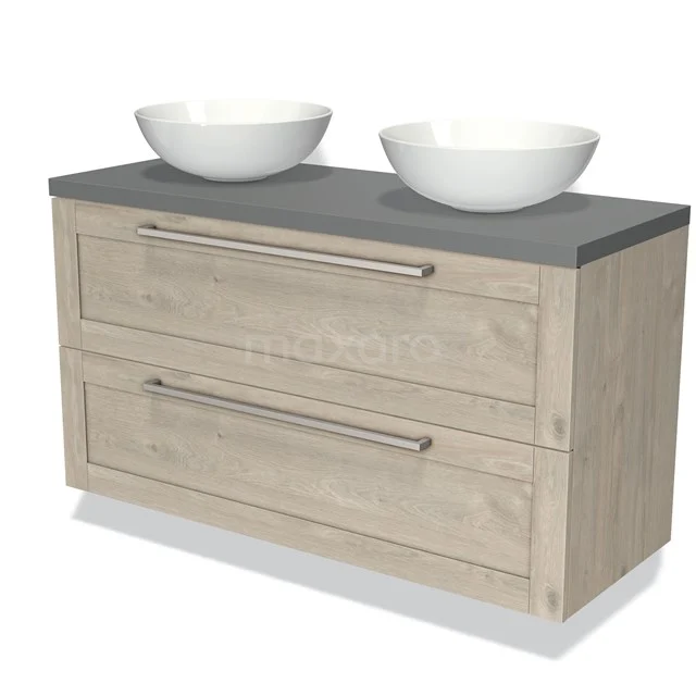 Wooden bathroom unit with double basin, grey top and two drawers; modern bathroom design.