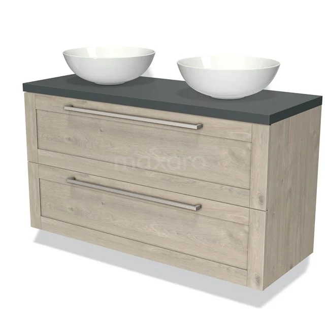 Wooden Bathroom unit with two drawers, black top and double white vanity units for countertop wash basins; stylish and practical for any bathroom.
