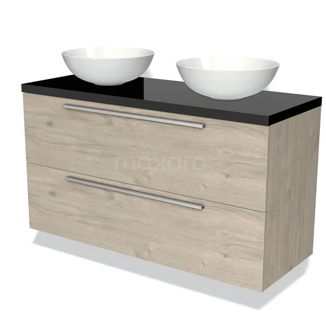 Houten badkamermeubel met licht eiken finish, zwarte stenen blad en twee witte waskommen, perfect voor een moderne badkamerstijl.