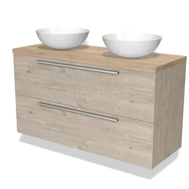 Houten badkamermeubel met twee laden, dubbele witte opbouw waskommen en metalen handgrepen, ideaal voor moderne badkamers.