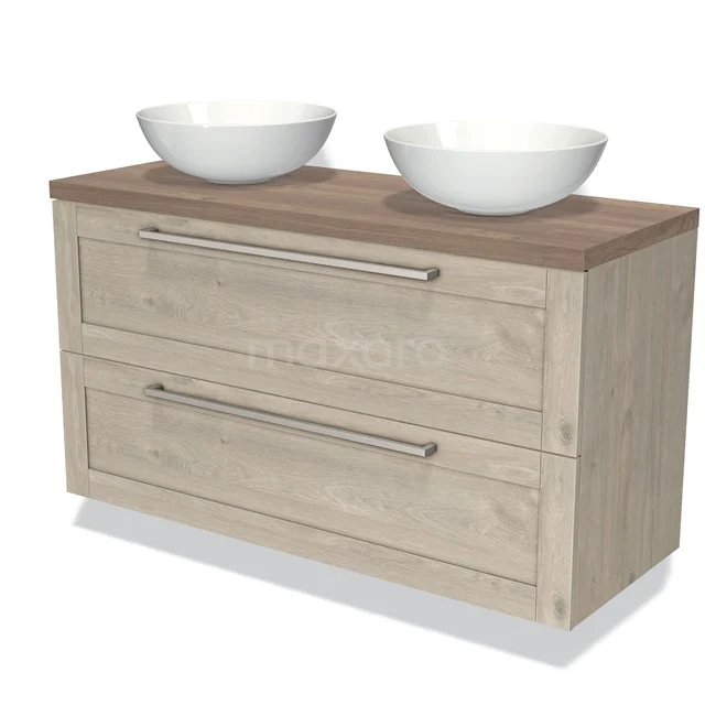 Houten badkamermeubel met dubbele wastafel, 2 lades en modern design; ideaal voor stijlvolle badkameropslag.