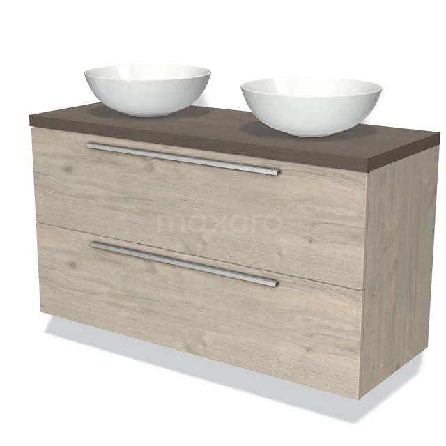 Holz-Badmöbel mit zwei weißen Aufsatzwaschbecken, dunkler Platte, zwei Schubladen-Design, ideal für moderne Badezimmerlagerung.