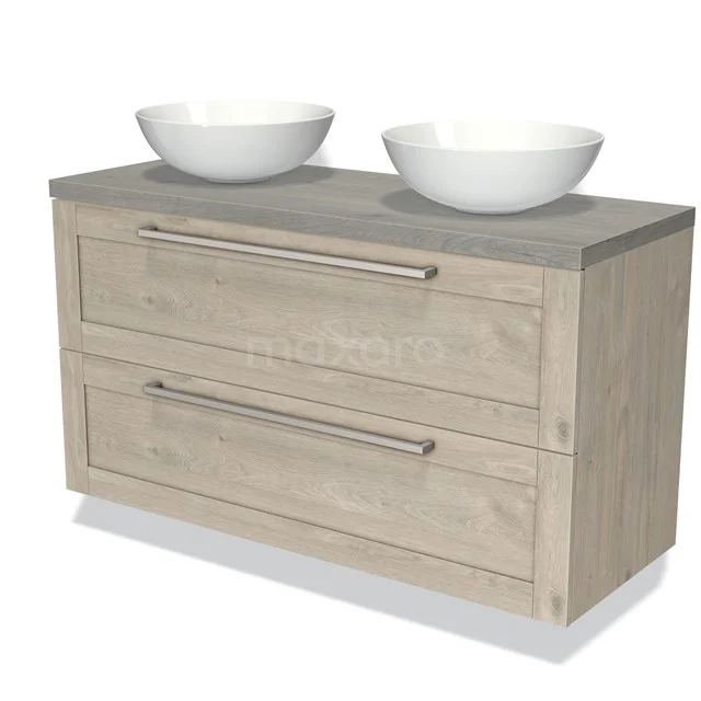 Wooden bathroom unit with two white vanity units for countertop wash basins, grey top and metal handles; modern design for stylish bathrooms.
