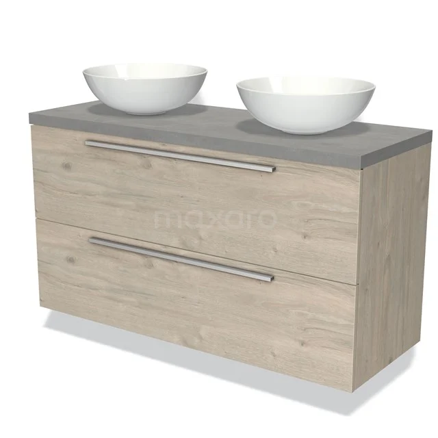 Houten badkamermeubel met dubbele wastafel, modern design, grijze top en twee ruime lades voor optimale opbergruimte.