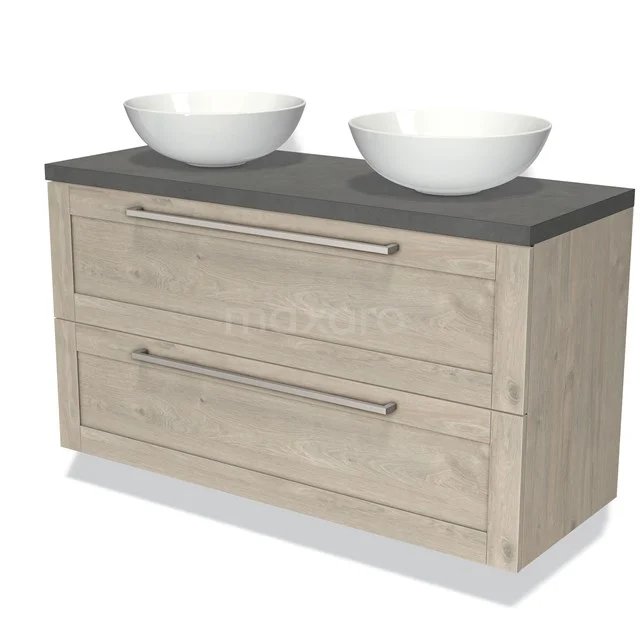 Wooden bathroom unit with two white countertop wash basins, grey worktop and drawers. Modern design with metal handles.