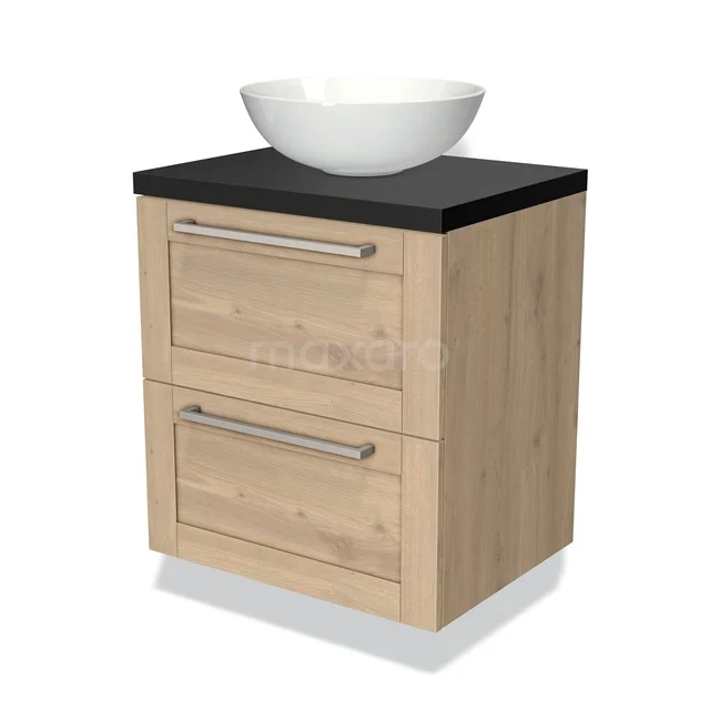 Houten badkamermeubel met twee lades, zwart werkblad en witte waskom, modern design.