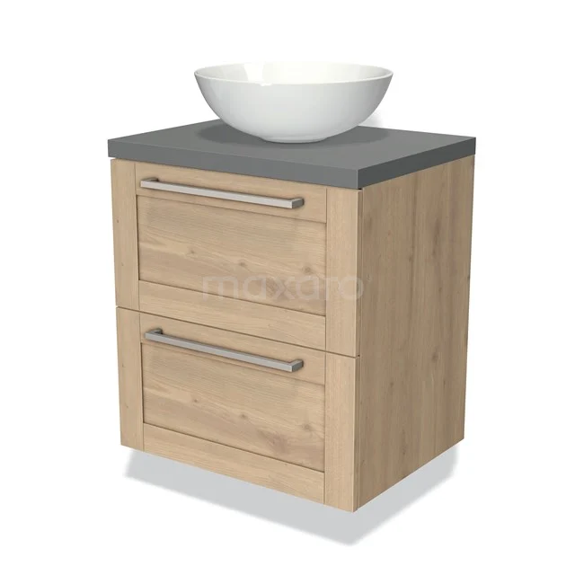 Houten badkamermeubel met grijs blad, twee lades en een witte waskom. Modern ontwerp, ideaal voor compacte badkamers.