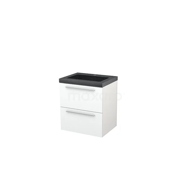 Bathroom unit 60cm Modulo+ Matte white 2 Drawers Flat Basin Natural stone Granite BMP002341 White bathroom cabinet with black sink, two drawers and sleek black metal handles, ideal for modern bathroom storage.