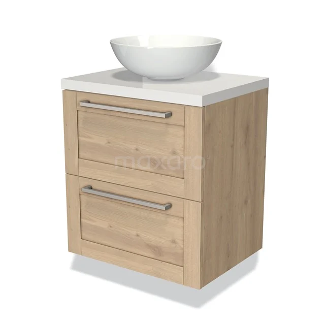 Houten badkamerkast met 2 lades en een witte opbouw wastafel, modern design met stevige metalen handgrepen.
