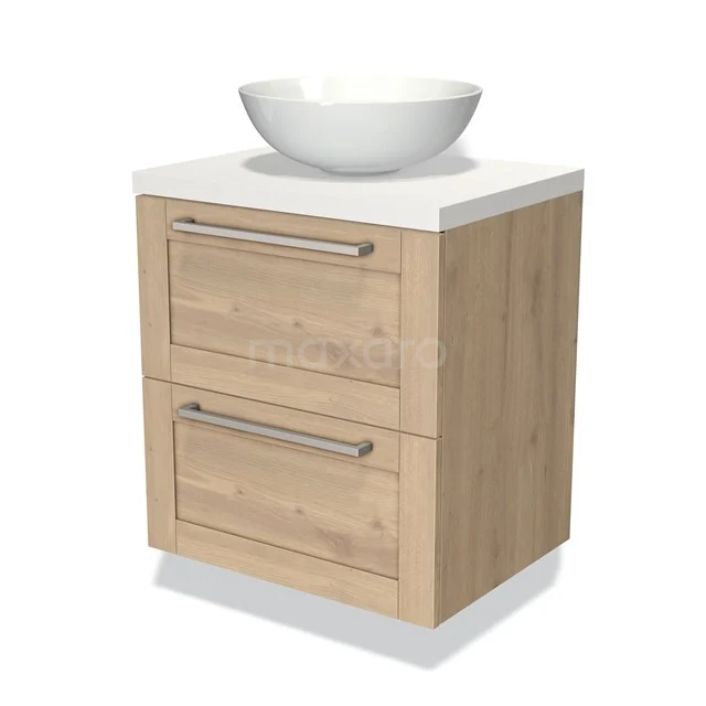 Modulo Plato Badmöbel mit Aufsatzwaschbecken | 60 cm Hellbraune Eiche Rahmen front Matt Weiß blatt 2 übereinanderliegende Schubladen BMK17-01292 Holz Badezimmermöbel mit einem weißen Aufsatzwaschbecken, zwei Schubladen und einem modernen Design, ideal für eine stilvolle Badezimmer Einrichtung.