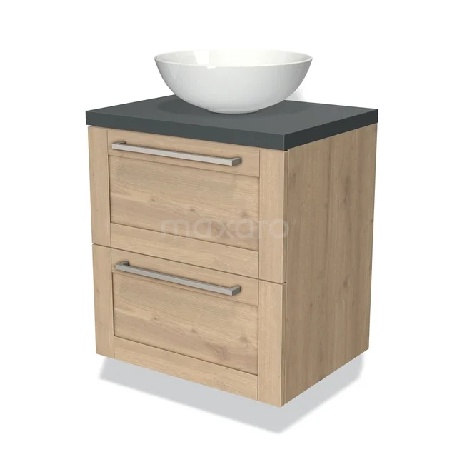 Houten badkamermeubel met twee lades, zwart blad en witte opbouw wastafel; stijlvol ontwerp voor moderne badkamers.