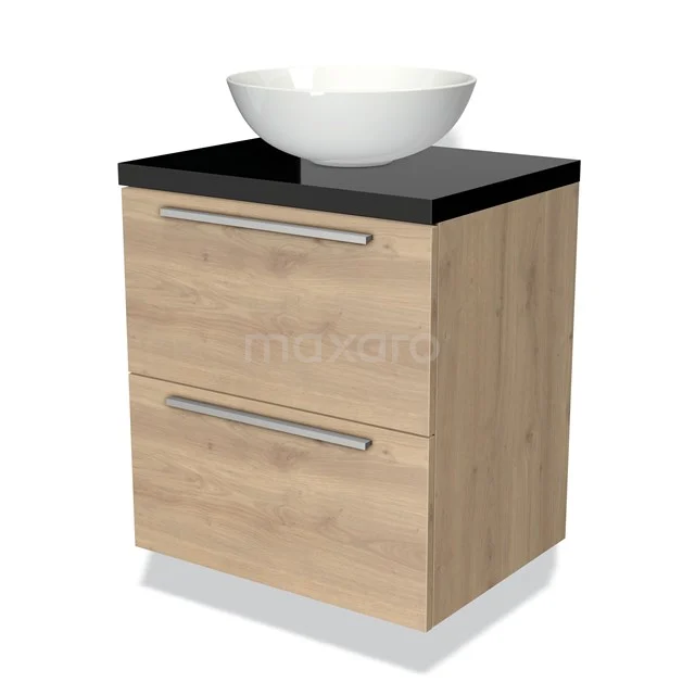 Badmöbel für Aufsatzwaschbecken 60cm Modulo Plato Hellbraune Eiche 2 Schubladen Flach Hochglanz Schwarz Platte BMK17-01295 Hölzernes Badezimmermöbel mit schwarzer Platte und rundem weißen Aufsatzwaschbecken, ausgestattet mit zwei Schubladen mit silberfarbenen Haltegriffen.
