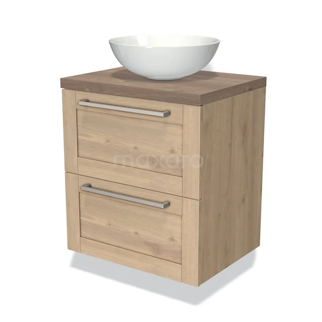 Houten badkamermeubel met twee lades, keramische witte waskom en modern design, ideaal voor compacte badkamers.