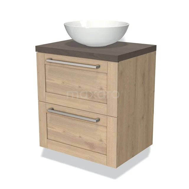 Wooden bathroom unit with two drawers, dark worktop and round countertop wash basin, ideal for modern bathroom fittings.