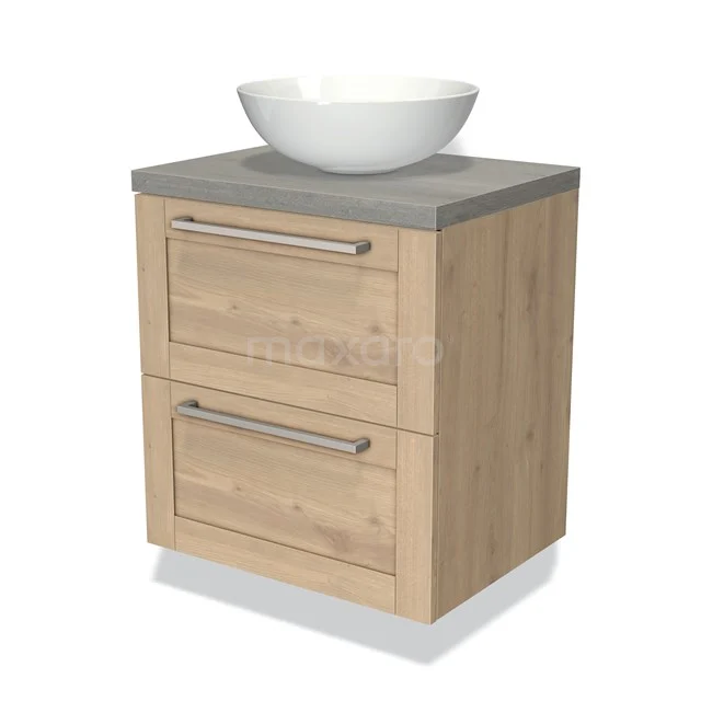 Wooden bathroom unit with two drawers, concrete worktop and white countertop basin; modern design for any bathroom style.