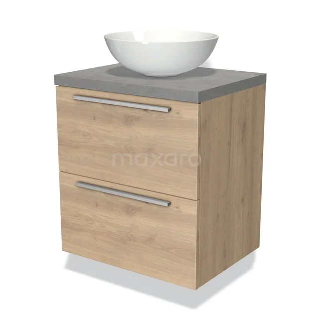 Houten badkamermeubel met een grijs blad, inclusief witte opbouw wastafel; modern design en compacte vorm.