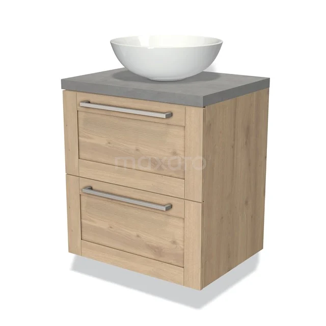 Houten badkamermeubel met 2 lades en grijs blad, keramische ronde witte wastafel, modern design voor een stijlvolle badkamer.