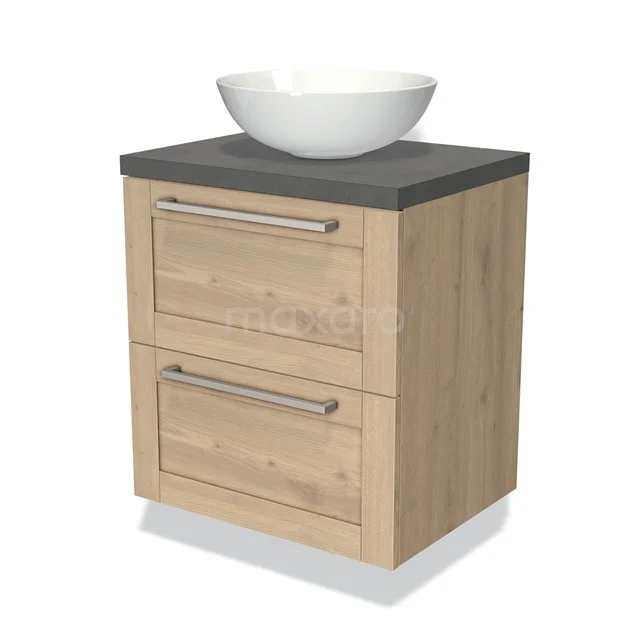 Houten badkamermeubel met twee lades, grijs stenen blad en witte ronde waskom, ideaal voor een moderne badkamer.