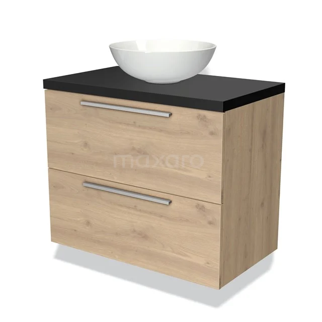 Eikenhouten badkamermeubel met zwarte wastafelblad en witte ronde waskom, ideaal voor stijlvolle badkamerinrichting.