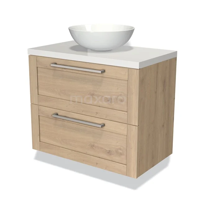 Wooden bathroom unit with white countertop wash basin, two drawers with metal handles, modern design, perfect for a stylish bathroom.