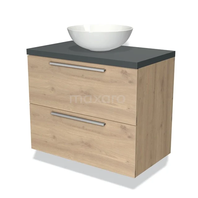 Houten badkamermeubel met grijs werkblad en witte waskom, moderne designkast met twee brede lades voor badkameropslag.