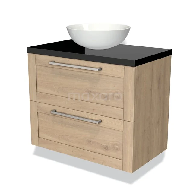 Houten wastafelmeubel met twee lades, zwarte bovenplaat en ronde opzetwastafel, ideaal voor moderne badkamers.