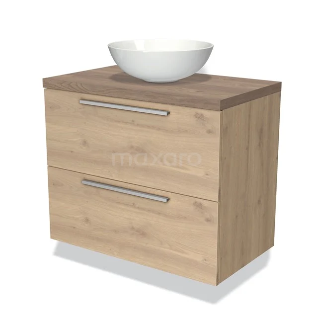 Houten badkamermeubel met twee lades en een wit keramische opzetwaskom, ideaal voor een moderne badkamerstijl.
