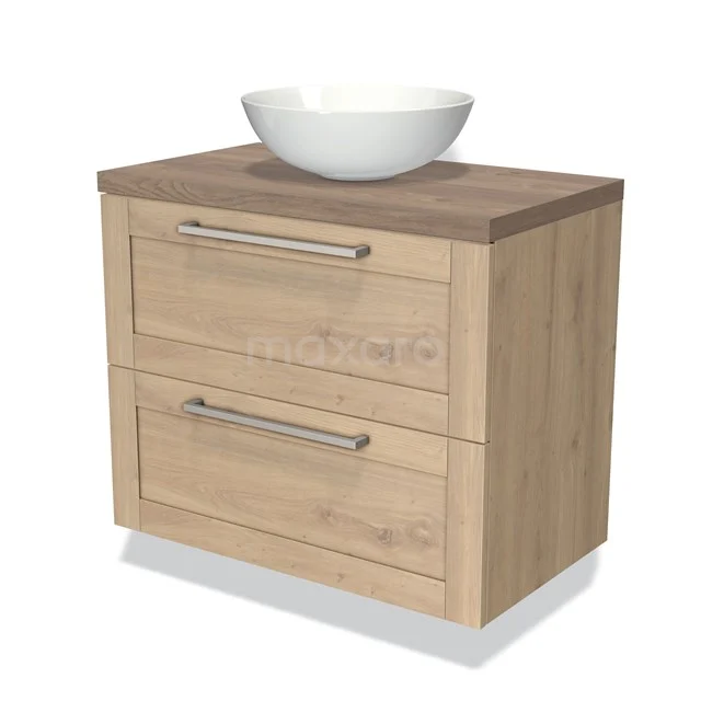 Houten badkamerkast met twee lades, ronde witte waskom en metalen handgrepen. Perfect voor een moderne badkamerstijl.