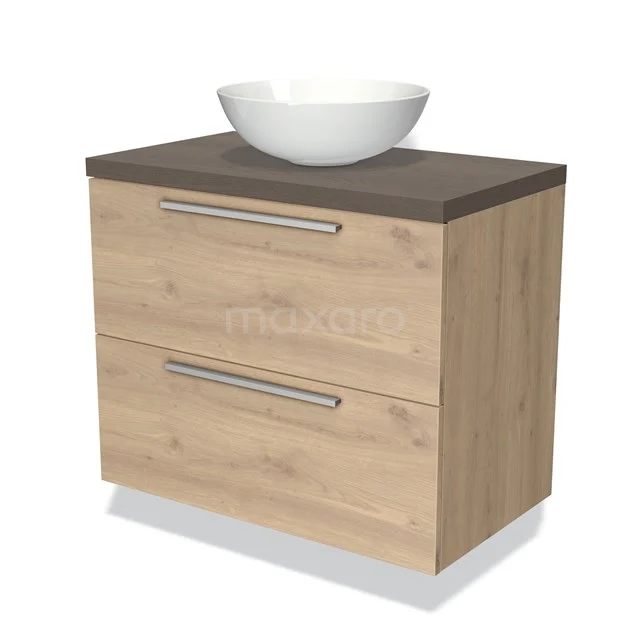 Houten badkamermeubel met komvormige witte wastafel, twee brede lades en donker houtfineer afwerking.