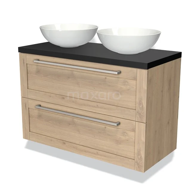 Houten badkamermeubel met twee lades, zwart blad en dubbele witte waskommen; modern ontwerp voor stijlvolle badkamers.