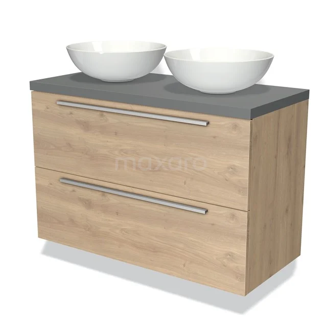 Houten badkamermeubel met licht eikenlook, grijs blad en twee witte waskommen; modern design, ideaal voor elke badkamer.