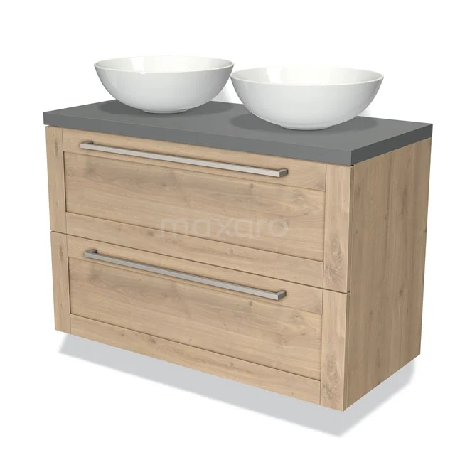 Natural-look wooden bathroom unit with matt grey worktop and double countertop wash basins, ideal for modern and stylish bathrooms.