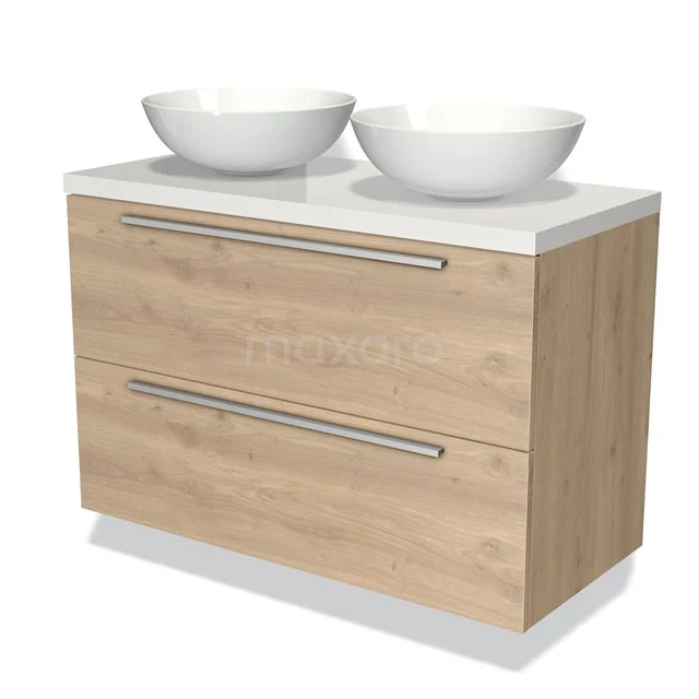 Badmöbel für Waschtischunterschrank mit Konsole 100cm Modulo Plato Hellbraune Eiche 2 Schubladen Flach Hochglanz Weiß Platte BMK17-01341 Holz Badezimmermöbel mit doppeltem Aufsatzwaschbecken, weißer Platte und Ladegriffen, ideal für eine stilvolle und funktionale Badezimmergestaltung.