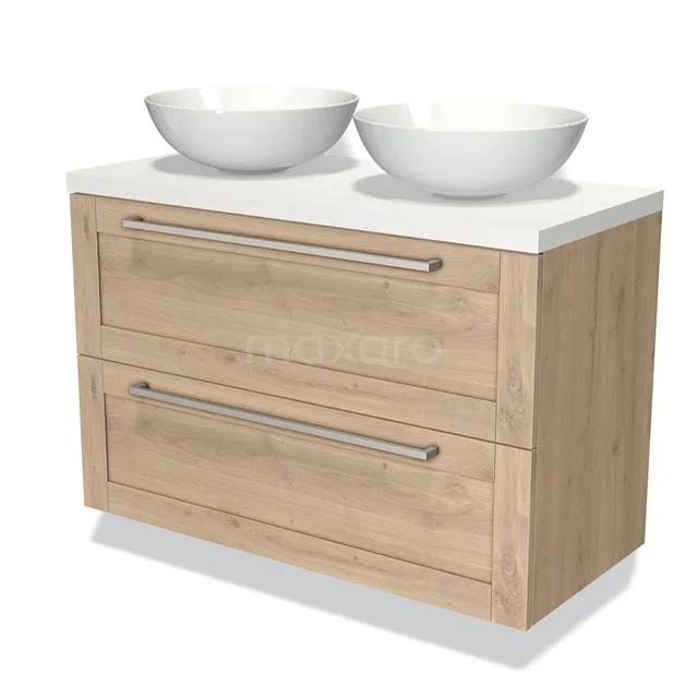 Houten badkamermeubel met 2 lades, wit bovenblad en dubbele ronde waskommen, ideaal voor een stijlvolle moderne badkamer.