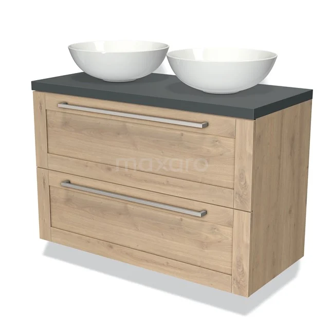 Houten badkamermeubel met twee lades, zwarte wastafelblad en witte dubbele waskommen, modern design.
