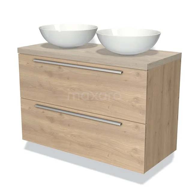 Houten badkamermeubel met twee witte wastafels, moderne Riva-serie, ideaal voor een stijlvolle en functionele badkamer.