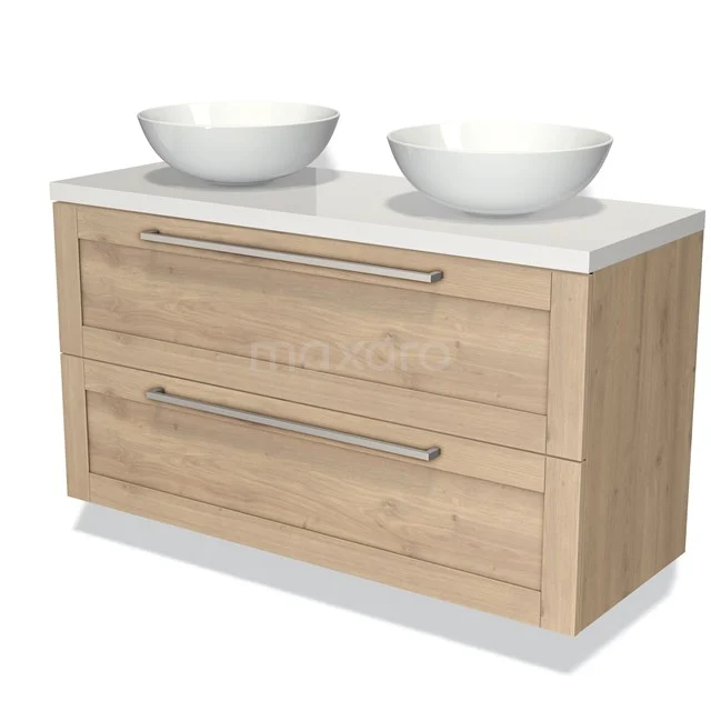 Badmöbel für Waschtischunterschrank mit Konsole 120cm Modulo Plato hellbraune Eiche 2 Schubladen Rahmen Hochglanz Weiß Platte BMK17-01368 Holz Badezimmermöbel mit zwei weißen Waschbecken, Softclose Schubladen und modernem Design, perfekt für ein stilvolles Badezimmer.