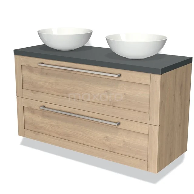 Oak bathroom unit with two ceramic countertop wash basins, anthracite worktop and drawers with metal handles.