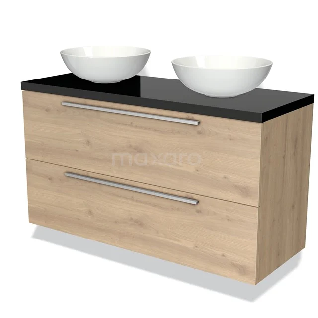 Modulo Plato Badmöbel mit Aufsatzwaschbecken | 120 cm Hellbraune Eiche Flach front Hochglanz Schwarz blatt 2 übereinanderliegende Schubladen BMK17-01373 Hölzernes Badezimmermöbel mit schwarzer Oberseite, doppelten weißen Aufsatzwaschbecken und zwei breiten Schubladen mit Stahlhaltegriffen.