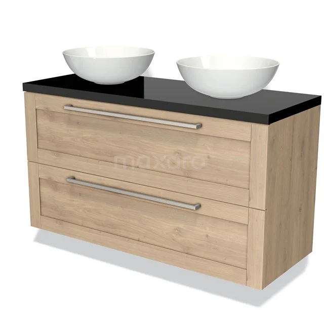 Holz Doppel Badezimmermöbel mit schwarzer Platte und zwei runden weißen Aufsatzwaschbecken, stilvolles und praktisches Design.