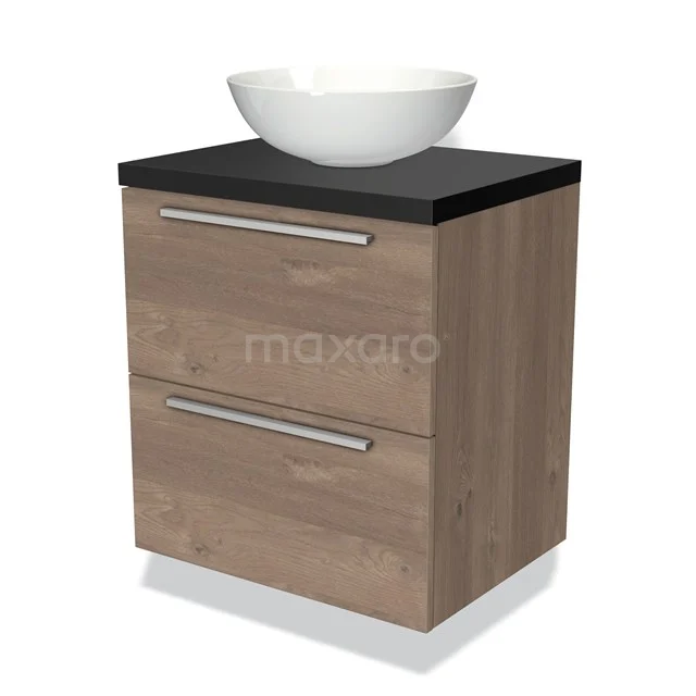 Houten badkamermeubel met zwarte top, witte waskom en twee lades, modern design voor een strak georganiseerde badkamer.