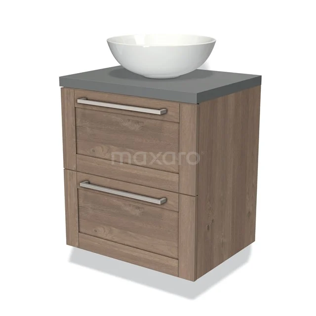 Houten badkamermeubel met waskom, donkergrijs blad, twee lades, strak design, perfect voor moderne badkamers.
