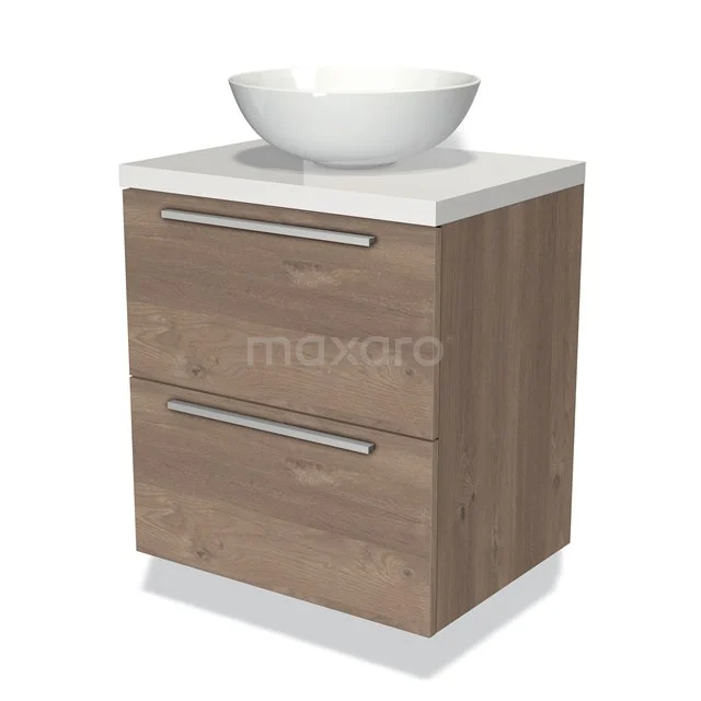 Compact badkamermeubel houtlook met keramische opbouwkom, moderne ladedesign en strakke metalen grepen.