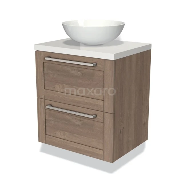 Houten badkamermeubel met witte waskom, compacte vorm, twee lades en modern design voor een stijlvolle badkamer inrichting.