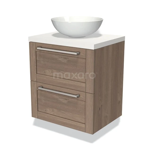 Moderne badkamermeubelset met houtlook, twee lades en een witte waskom; compact design voor stijlvol opbergen.