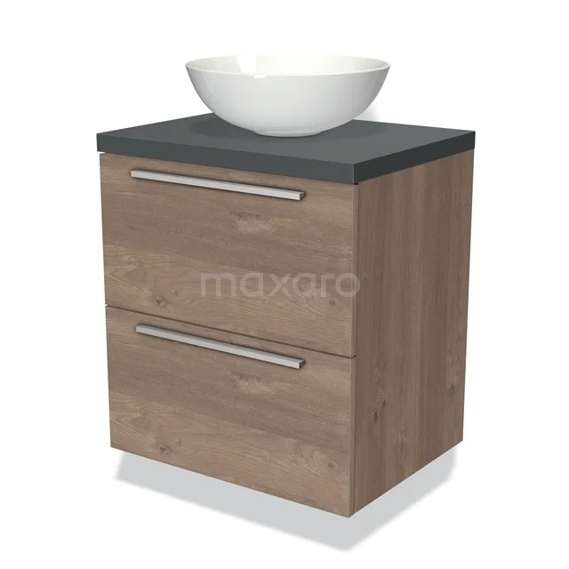 Houten badkamermeubel met grijs blad, twee lades en witte waskom. Perfect voor een moderne badkamer inrichting.