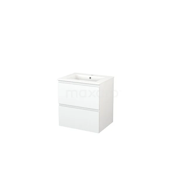White square bathroom unit with two drawers, modern finish and integrated vanity units with basin, ideal for compact bathrooms.