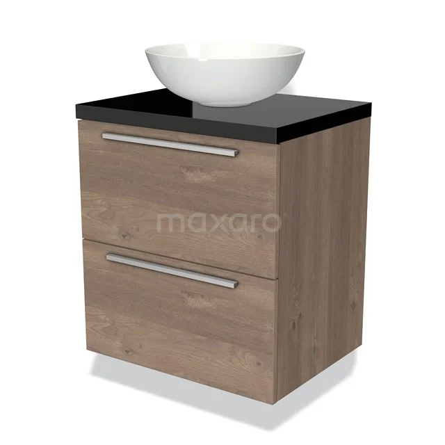 Houten badkamermeubel met zwarte top, witte ronde waskom en twee lades, modern ontwerp voor stijlvolle badkamers.